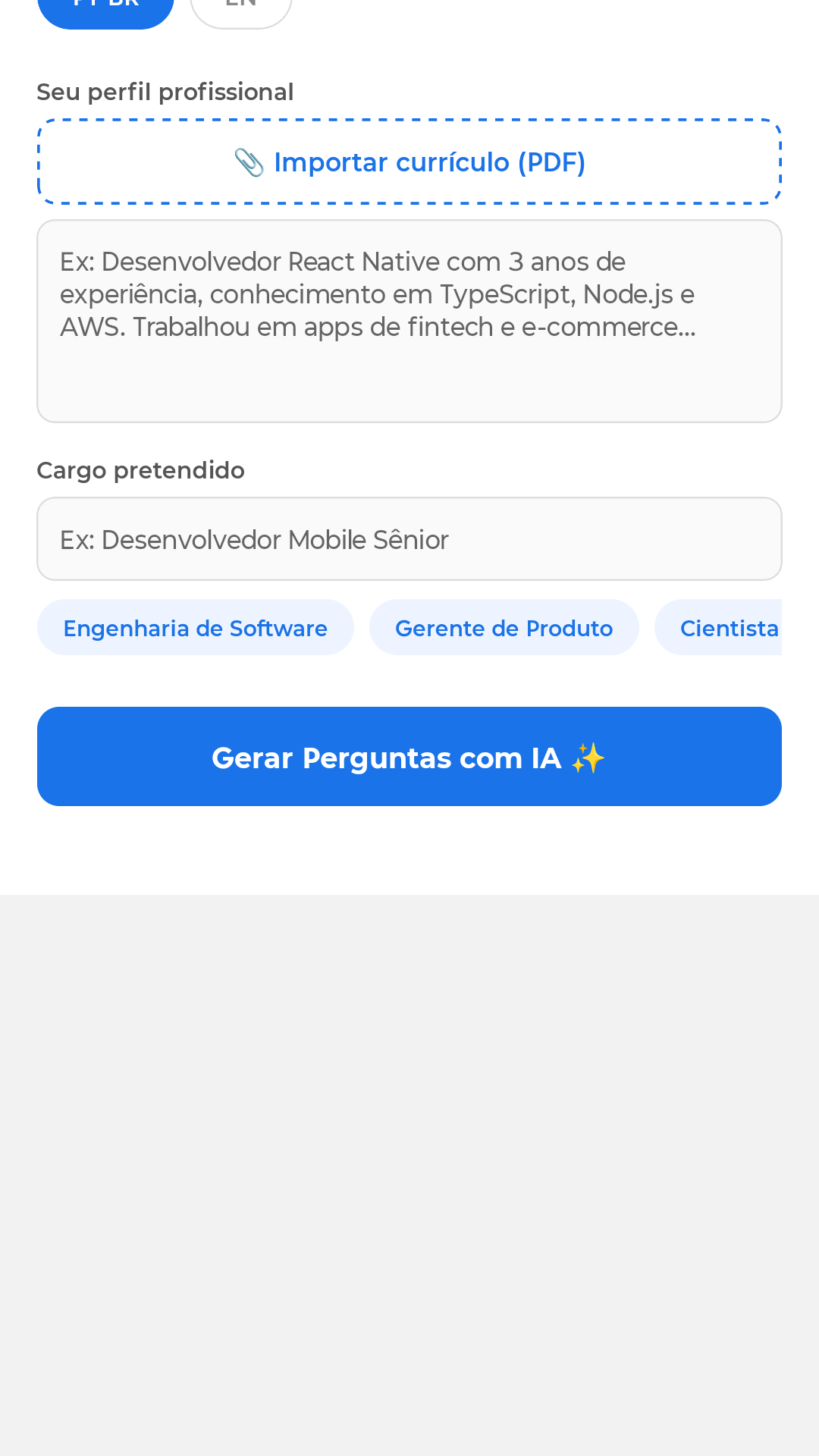 JobAce interview setup screen